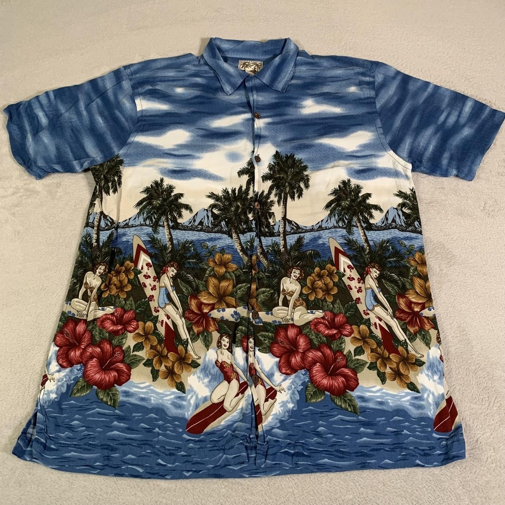 Steve & Barrys Shirt Mens Medium Blue Hawaiian Pinup Surfer Rayon Short Sleeve